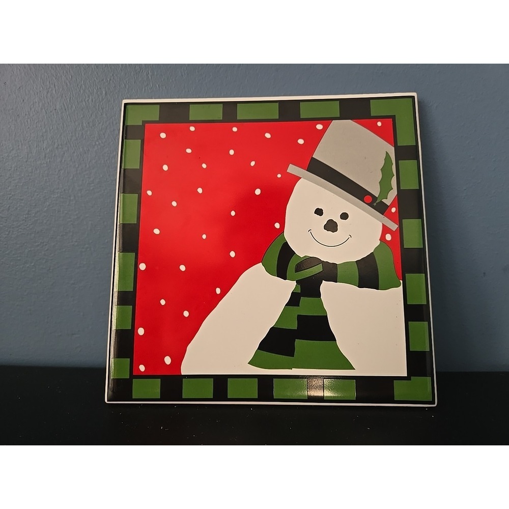 Ceramic Christmas Tile Hot Plate 6"x6" Toscany Snowman Japan Corked Back